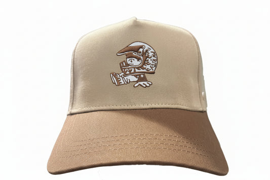Beige cap with embroidered design on a white background