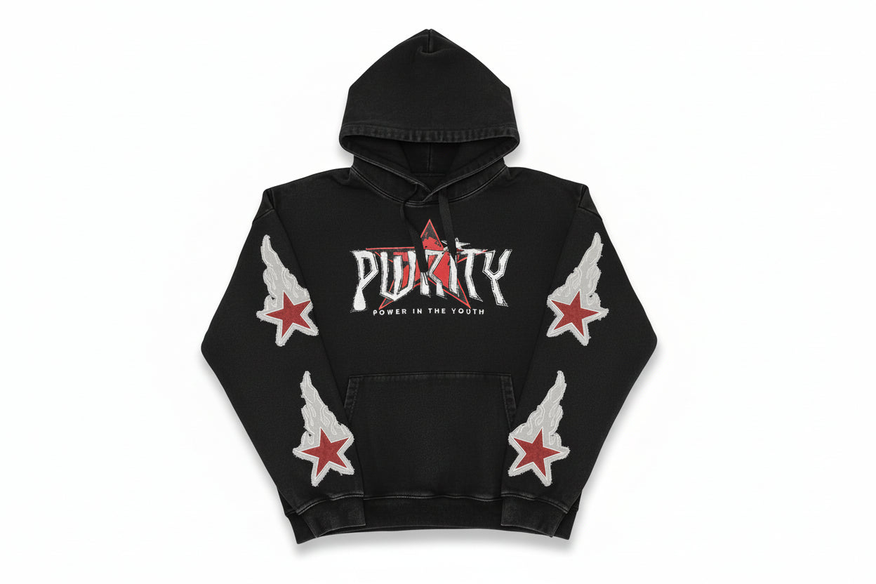 Black hoodie with red star designs and visible branding on a white background